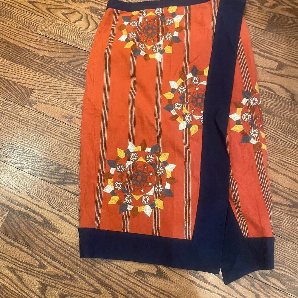 Free People Vintage Orange and Blue Cotton Midi Skirt, L